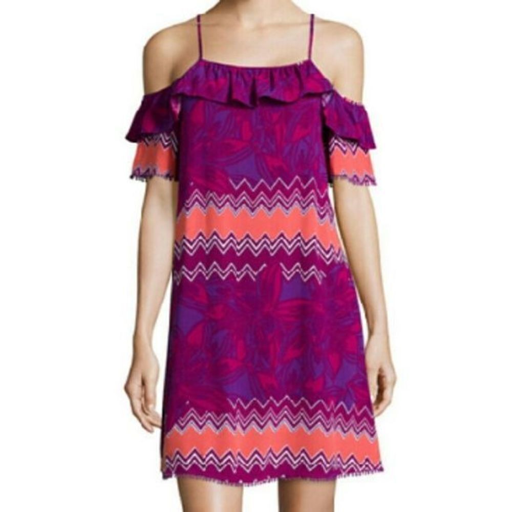 Ladies Color Block Cold Shoulder Print Dress sz Large